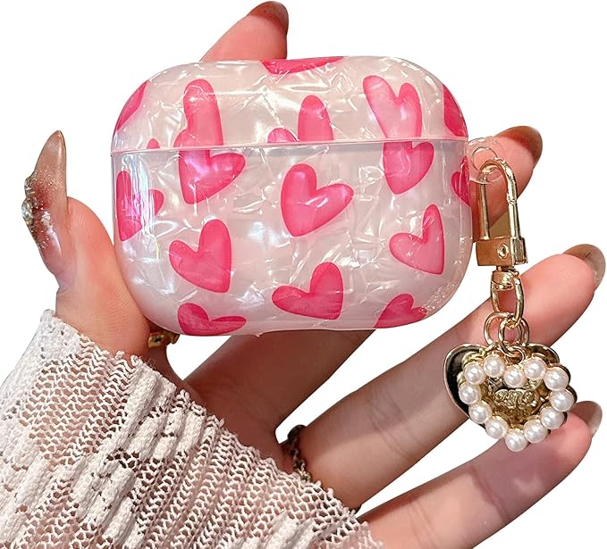 Compatible with Airpods Pro 2nd Generation Case Cute for Girls Women Romantic Love Shell Pearl Protective Cover with Keychain for Airpod Pro 2 Case (Hot Pink Hearts)