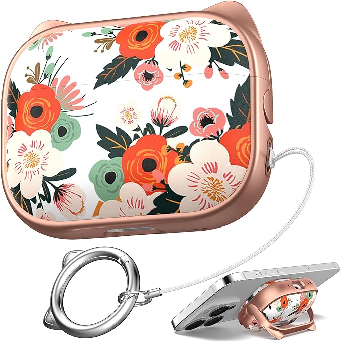 for AirPods Pro 2 Case with Cleaning Kit, Cute Cat Ear Print Design & Cute Buckle for Girls, Phone Holder & Top Safe Lock Buckle Design for AirPods Pro 2nd/1st Gen case, Rose Gold Flower