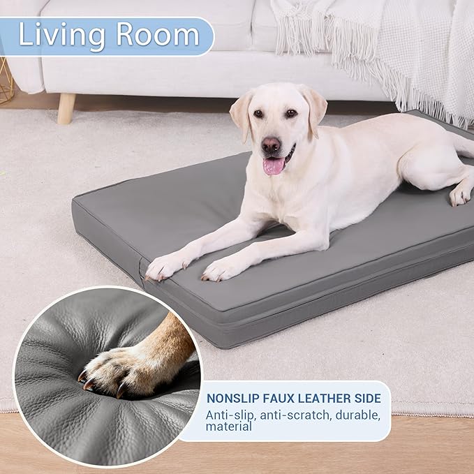 Vonabem Large Dog Bed Waterproof Washable XL Crate Pad 42 inch, Outdoor Durable Leather Pet beds Foam Orthopedic, Anti-Slip XLarge Kennel Pads with Removable Cover Reversible, 41"x27" Grey