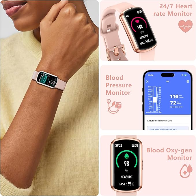 Health Fitness Tracker, Smart Watch with 24/7 Heart Rate and Blood Pressure Monitor, Activity Tracker with Blood Oxygen, 120 Sport Mode Waterproof Sleep Tracker for Women Men (Light Pink)
