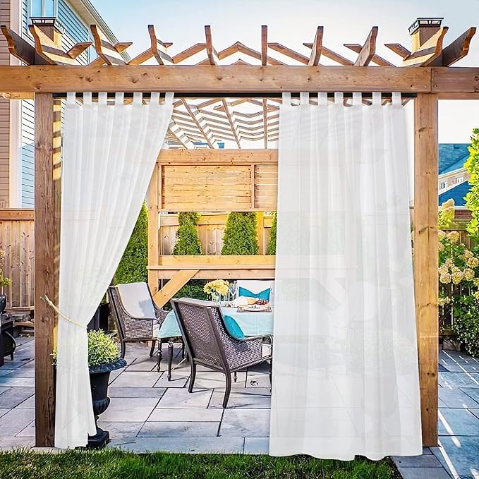NICETOWN 2 Panels Indoor Outdoor Sheer Curtains for Patio Waterproof, Detachable Sticky Tab Top Elegant & Lightweight Soft Sheer Drapes for Pergola/Gazebo, Ivory, W54 x L84