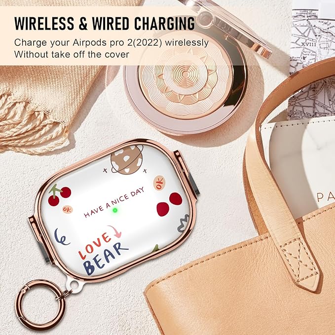 Maxjoy for Cute Airpods Pro 2 case with Safety Lock,Compatible Airpods Pro Case 2nd/1st Gen,Compatible Cute Bear AirPods Case Cover for Women Girly with Keychain-Transparent