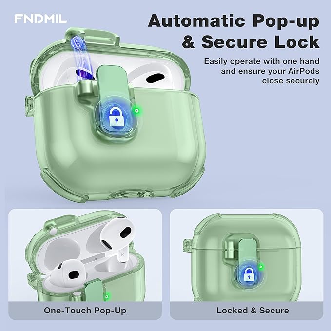 Clear Case for AirPods 3 Case Cover with [Lock Safety & Pop Up][Military Shockproof] Anti-Yellow Transparent Soft TPU Wireless Charging for AirPods 3 Generation Case with Keychain, Clear Green
