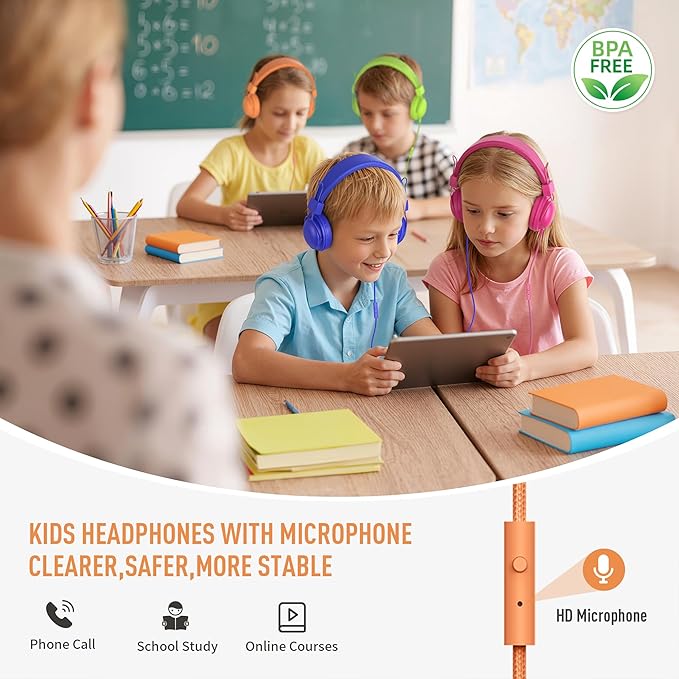 AILIHEN Kids Headphones Wired Bulk 10-Pack for K-6 School & Classroom, with Microphone, 85dB Volume Limit, Shareable, Foldable, 3.5mm Jack for Chromebook, Computer - Multicolor