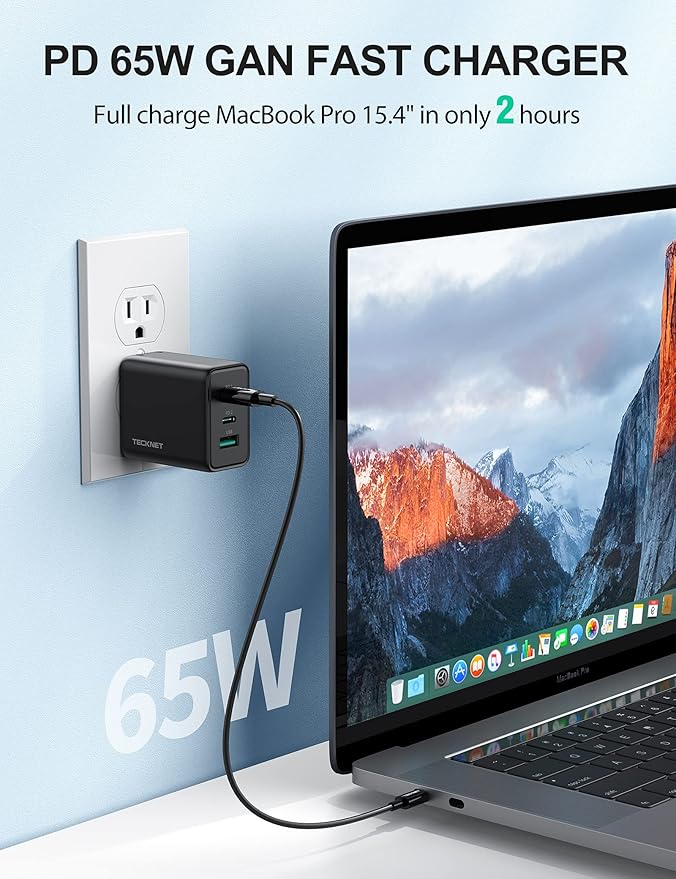 TECKNET 65W GaN Wall Charger PD 3.0 USB-C Travel Adapter,3-Port Foldable Fast Charger with 5ft Cable for iPhone 16 Pro Max/16 Plus/16/15/iPad/Galaxy S24/S25/MacBook Pro/Switch and More Series