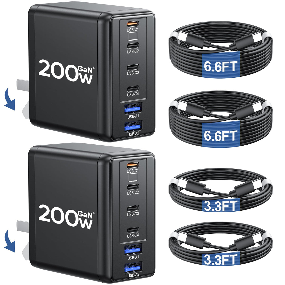 Lcssio 2 Pack 200W USB C Charger with 4 USB Cables, 6-Port Wall Charger