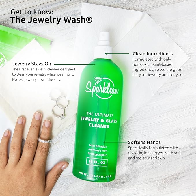 SPARKLEAN Jewelry & Glass Cleaner Spray (32 Oz) - Biodegradable, Ammonia-Free Solution for Gold, Silver & Diamond Rings - Safe for Ultrasonic Machines - Eco-Friendly - Bulk Size