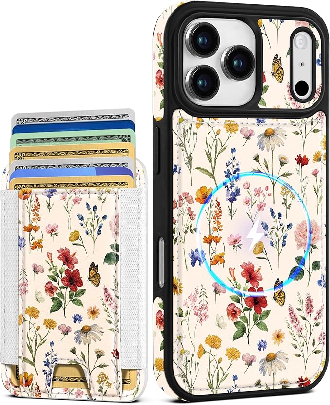 Shorogyt for iPhone 17 Pro Max Case Wallet - Fits 5 Cards, Compatible with Magsafe Detachable Magnetic Credit Card Holder Leather Cardholder Cute Phone Cover Women Girls for Apple 17 ProMax, Floral