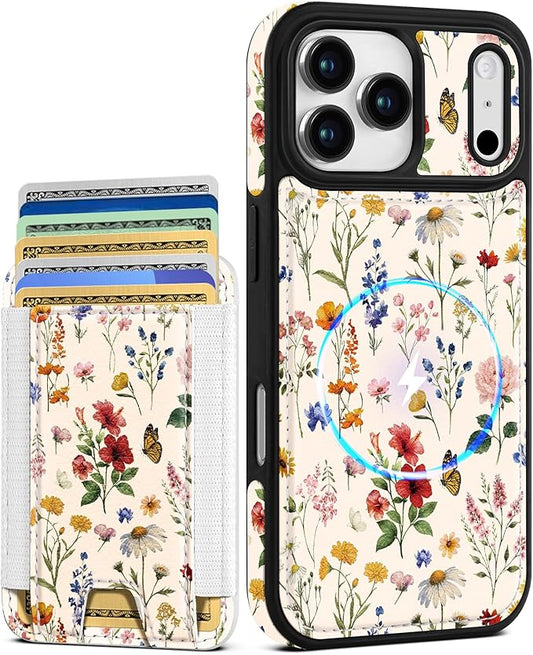 Shorogyt for iPhone 17 Pro Max Case Wallet - Fits 5 Cards, Compatible with Magsafe Detachable Magnetic Credit Card Holder Leather Cardholder Cute Phone Cover Women Girls for Apple 17 ProMax, Floral
