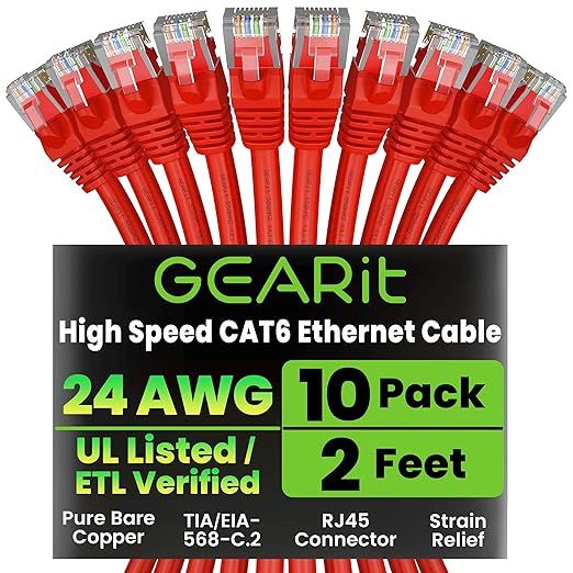 GEARit Cat 6 Ethernet Cable (100-Pack 2 Feet) Cat6 Network Patch, 10Gbps, RJ45, Snagless Cord, Gold-Plated Connectors, Internet for PC, TV, Tablet, Router, Printer, Servers, IT Data Center - Red