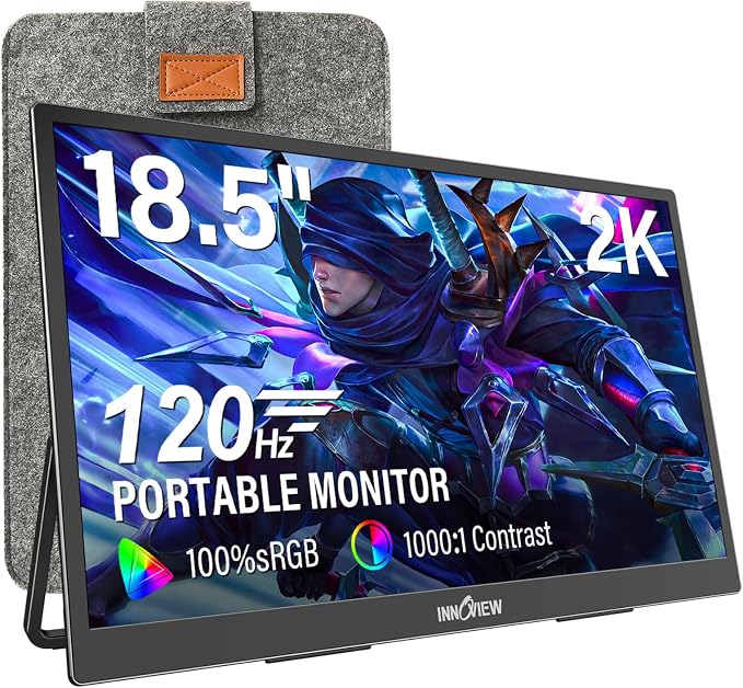 InnoView 2K Portable Monitor for Laptop 18.5" 2560x1440p QHD 120Hz 100% sRGB USB-C Standard HDMI DP Port Gaming Monitor,HDR Travel External Second Screen for Laptop, PC, Game Consoles
