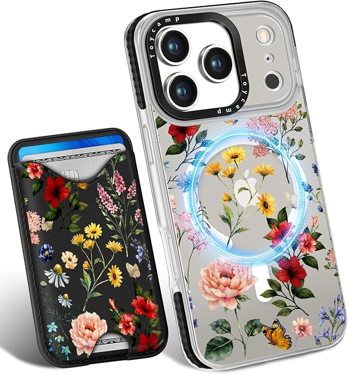 Toycamp for iPhone 17 Pro Case - Compatible with Magsafe Credit Card Holder Wallet Magnetic Cute Women Teen Girls Kawaii Girly Unique Flower Floral Design Phone Cover for Apple 17 Pro
