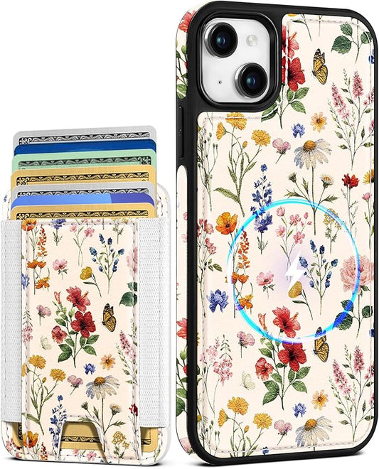 Shorogyt for iPhone 14 Plus Wallet Case - Fits 5 Cards, Compatible with Magsafe Detachable Magnetic Credit Card Holder Leather Cardholder Cute Phone Cover Women Girls for Apple 14Plus, Floral