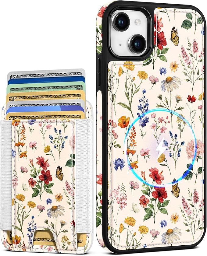 Shorogyt for iPhone 15 Plus Case Wallet - Fits 5 Cards, Compatible with Magsafe Detachable Magnetic Credit Card Holder Leather Cardholder Cute Phone Cover Women Girls for Apple 15Plus, Floral