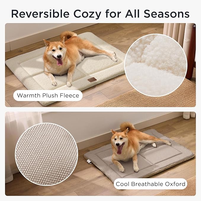 Reversible Dog Crate Pad Bed for Medium Small Dogs,Washable & Non-Slip Kennel Pet Mat, High Density Foam and Soft Fleece Cat Bed for Indoor & Outdoor Use, 35" x 23", Cream White