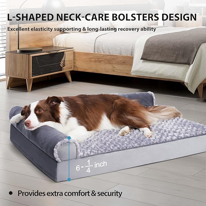 MIHIKK Orthopedic Dog Couch Bed Deluxe Plush L-Shaped with Waterproof Lining Bolster Dog Sleeping Sofa with Removable Washable Cover & Nonskid Bottom Pet Bed for Small Medium Large Jumbo Dogs, Gray