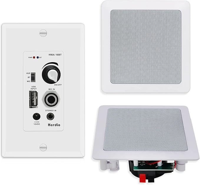 Herdio 5.25 Inch Bluetooth Ceiling Speakers with Wall Mount Control Amplifier Receiver System for Home Living Room Bedroom Bathroom Office (A Pair)
