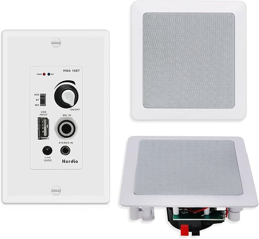 Herdio 5.25 Inch Bluetooth Ceiling Speakers with Wall Mount Control Amplifier Receiver System for Home Living Room Bedroom Bathroom Office (A Pair)
