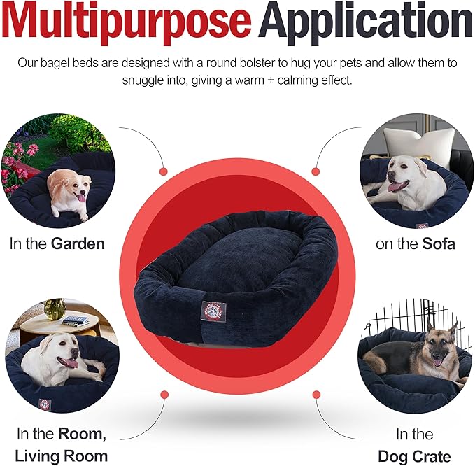 Majestic Pet 32 Inch Micro Velvet Calming Dog Bed Washable – Cozy Soft Round Dog Bed with Spine for Head Support - Fluffy Donut Puppy Mat 32x23x7 (inch) Medium – Navy (2025)