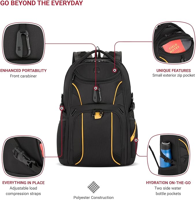 SwissGear 1900 Mini ScanSmart 16-Inch Backpack, Fits Up to 13-Inch Laptop, RFID Protection & ScanSmart TSA-Friendly Compartment, Black/Yellow