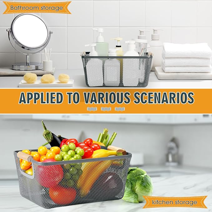 4 Pcs Metal Wire Basket with Wooden Handles Mesh Steel Storage Organizer Bin Containers for Home Organizing Cabinet Pantry Closet Kitchen Fridge Fruit Makeup Snacks Gifts(Medium,Dark Gray)