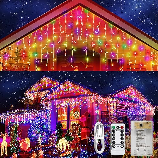 Icicle Lights Multicolor 90 LED 10 ft Short Curtain Lights with 8 Modes Remote Control,Powerd by USB & Battery - Waterproof Fairy String Lights for Indoor & Outdoor,Holiday,Party