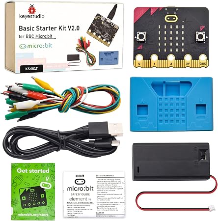 KEYESTUDIO Basic Starter Kit for BBC Micro bit V2, Graphical Programming Built-in Compass, Buttons, LED Matrix Display + Battery Holder & USB Cable for Microbit