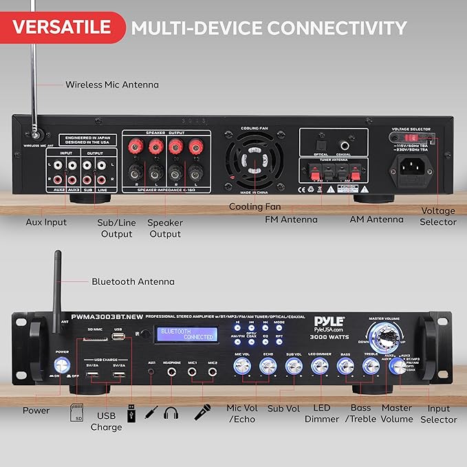 Pyle Bluetooth Home Audio Power Amplifier -4 Ch. 3000W, Stereo Receiver w/Speaker Selector, FM Radio, USB, Headphone, 2 Wireless Mics for Karaoke, Great for Home Entertainment System - PWMA3003BT.NEW