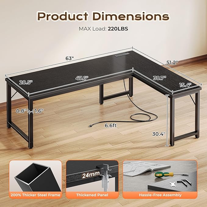 Huuger 63 Inch L Shaped Desk with Power Outlets and USB-C Port, Reversible Computer Desk, Larger Office Corner Gaming Desk, 0.95 Inch Thicker Desktop, Metal Frame, for Home Office, Study, Black