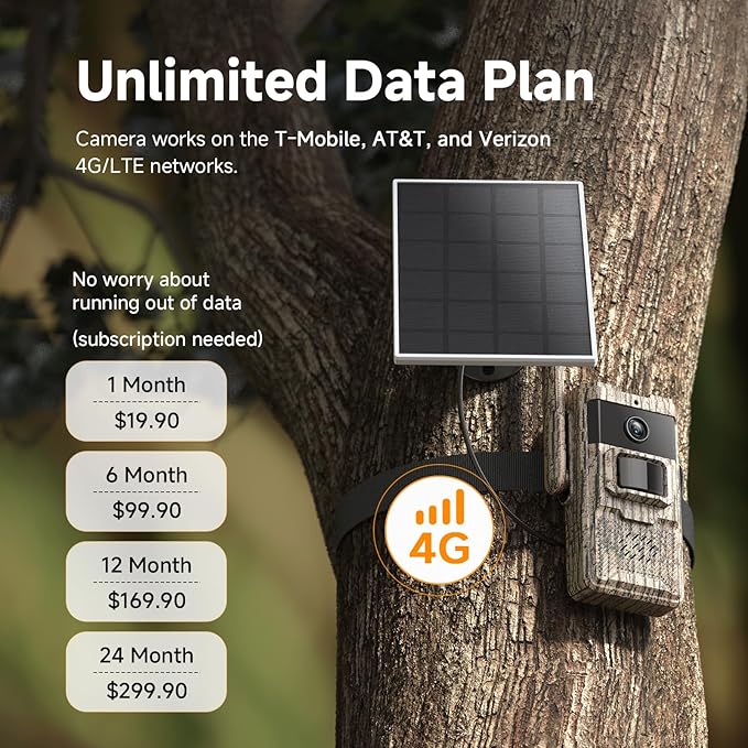 Trail Camera Unlimited Data Plan Cellular Trail Cameras 2K Live Feed 4G Game Camera Built in SIM Card Trail Cameras with Night Vision Motion Activated Waterproof IP66 Solar Cellular Security Camera