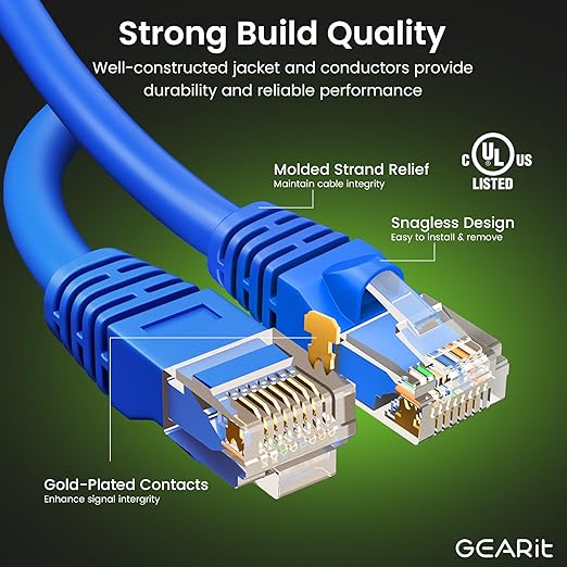 GEARit Cat 6 Ethernet Cable Pack - 10-Pack 1.5 ft Cat6 Ethernet Patch Cables | RJ45 Network Patch Cable, 10 Gbps Snagless Gold-Plated Connectors - Ethernet Cable Cat 6 for PC, TV, Router - Blue