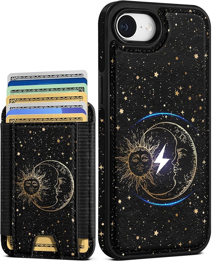 Shorogyt for iPhone 17e/16e Wallet Case - Fits 5 Cards, Compatible with Magsafe Detachable Magnetic Credit Card Holder Leather Cardholder Cute Phone Cover Women Girls for Apple 17e/16e, Sun Moon
