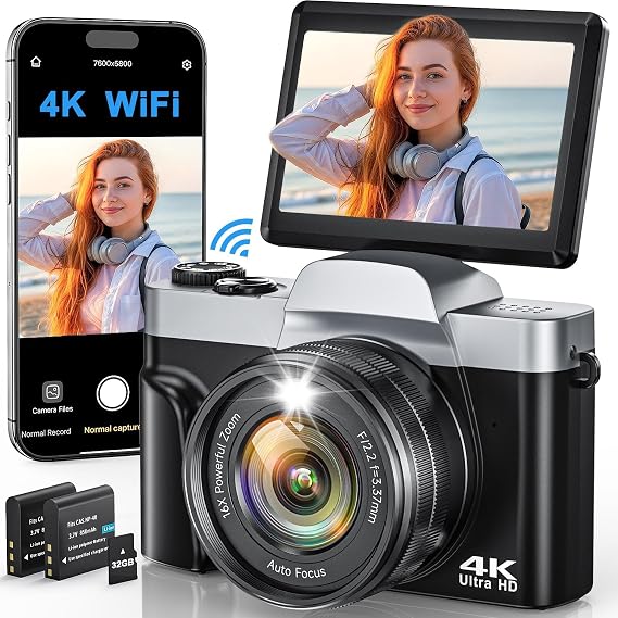 4K Digital Camera with WiFi, 64MP Autofocus Vlogging Camera for Photography