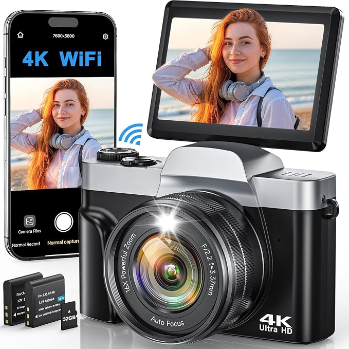 4K Digital Camera with WiFi, 64MP Autofocus Vlogging Camera for Photography