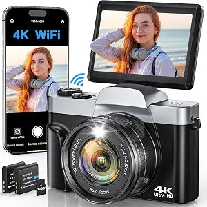 4K Digital Camera with WiFi, 64MP Autofocus Vlogging Camera for Photography