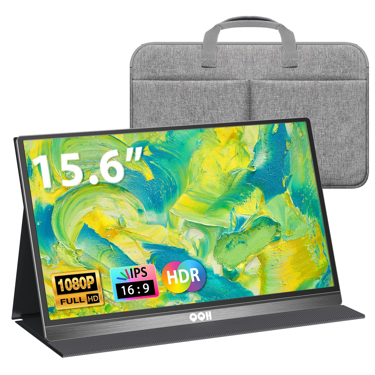 QQH Portable Monitor 15.6inch FHD 1080P USB C HDMI Alloy Travel Computer Monitor with w/Smart Cover & Built-in Speaker, Plug&Play Ultra Slim Second External Screen for Laptop PC Phone Mac Xbox PS5/4