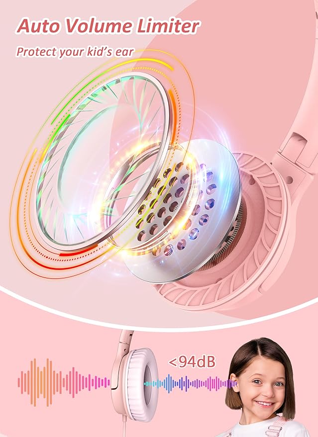 DyBaxa Over-Ear Foldable Pink Kids Headphones, Volume Limiter 94dB Over-Ear Foldable Blue Kids Headphones, Volume Limiter 94dB