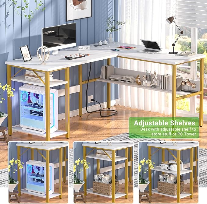 Unikito Reversible L Shaped Desk with Magic Power Outlets and USB Charging Ports, Sturdy Corner Computer Desk with Storage Shelves, Gaming Table Home Office Desk, Easy to Assemble, White and Gold