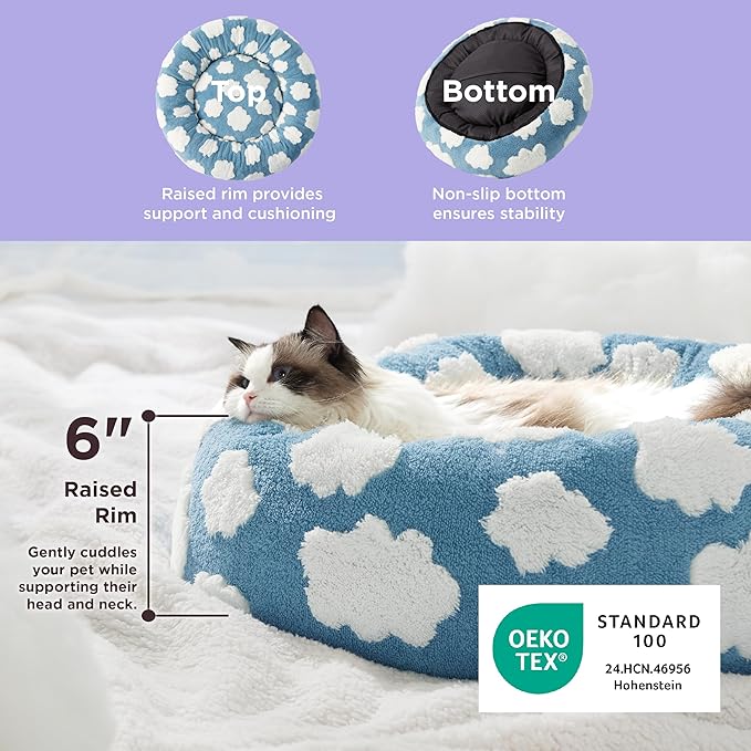LE SURE Donut Cat Beds for Indoor Cats - Small Round Dog Bed for Calming Pets with Washable Cover, Cute Modern Puppy Beds with Jacquard Shaggy Plush & Anti Slip Bottom, 20 Inch, Blue