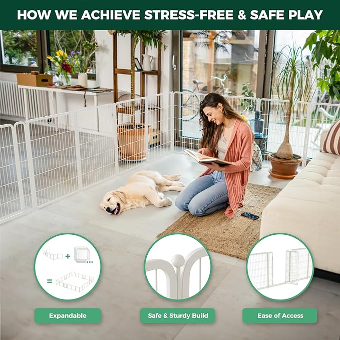 FXW Homeplus Unleashed Indoor Dog Playpen - Stress-Free and Safe Play, Heavy Duty 40 Inch 16 Panels Dog Pen for Medium and Large Dogs, White│Patented