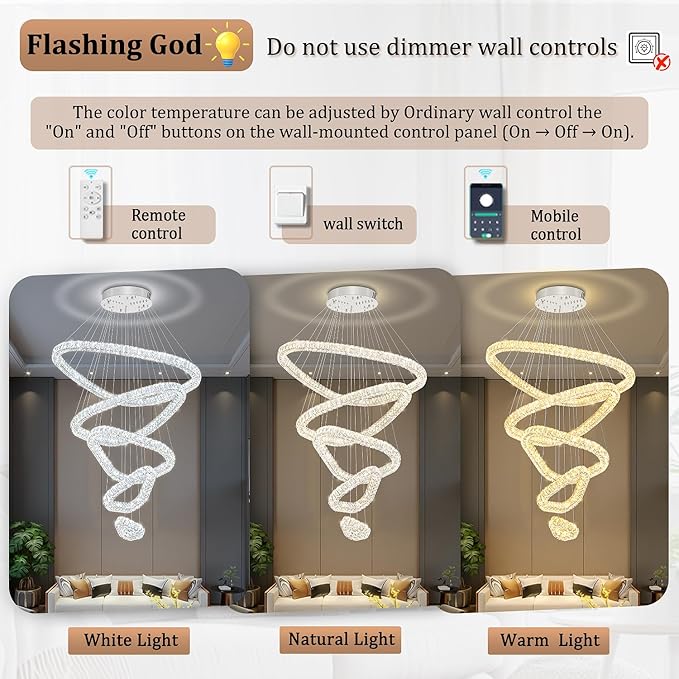 Flashing God H118 Modern Large Chandelier for Foyer 5 Rings Crystal Chandelier Stairway Chandeliers LED Dimmable Crystal Pendant Light for Living Room Entrance Hallway Sliver ﻿