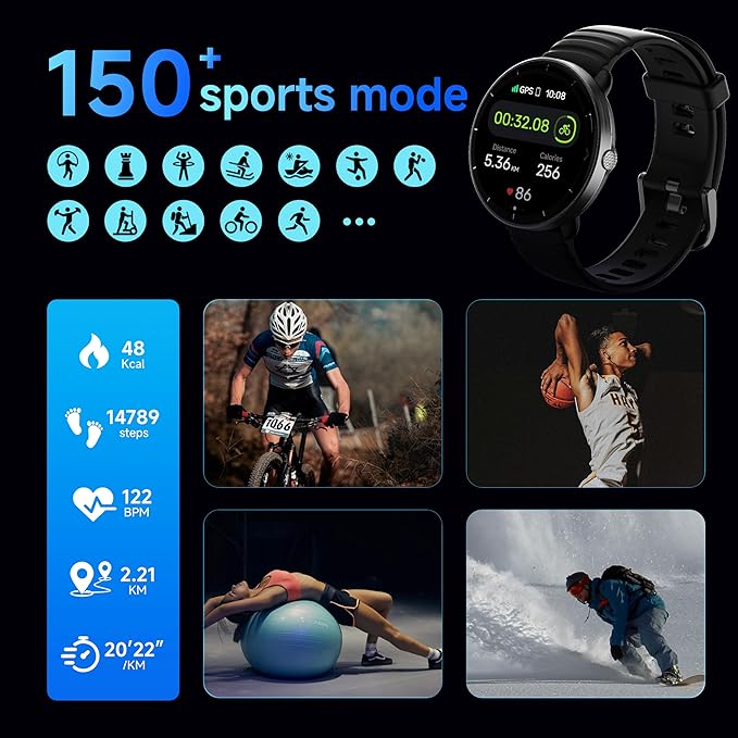 Smartwatch for Swimming 5ATM with GPS, Compass, AI Swim Analysis, Heart & Sleep Tracking, 100+ Sports Modes, HD Display, Long Battery Life, Fitness & Outdoor Training Watch - Men & Women (BLACK)