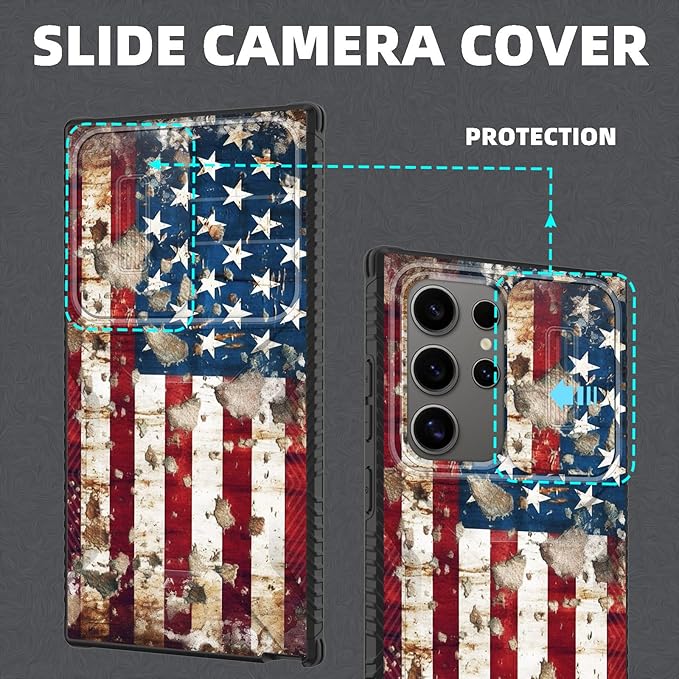 for Galaxy S25 Ultra Case Built in Slide Camera Lens Cover,Heavy Duty Shockproof Protection Dual Layer Case for Samsung Galaxy S25 Ultra 6.9" 2025,Rustic American Flag
