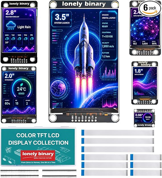 Lonely Binary 6-Pack SPI TFT LCD Display Kit 0.96"-3.5" for 3.3V MCUs
