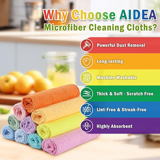 AIDEA Microfiber Cleaning Cloth, 20PK, Colorful Lint-Free Vibrant Cleaning Rags, Microfiber Towels for Cars, Kitchen Cloth, Dusting Cloth for Home, Window, Cleaning Supplies, 11.5"×11.5"