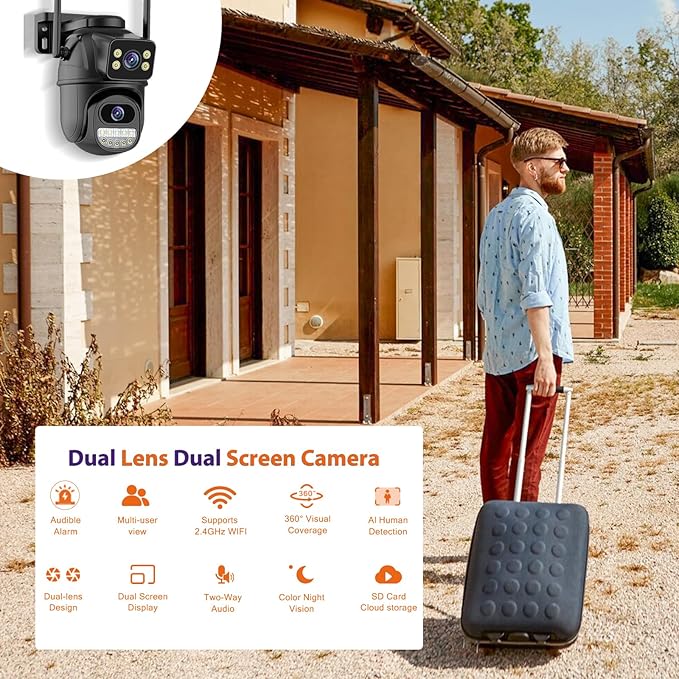 Security Camera Outdoor 2.4G WiFi PTZ Outdoor Camera Dual Lens Home Security Cameras Linkage 360°View 4MP Plug-in Cable Two-Way Talk,AI Detection,Full-Color Night Vision,Auto Tracking,24/7 Recording