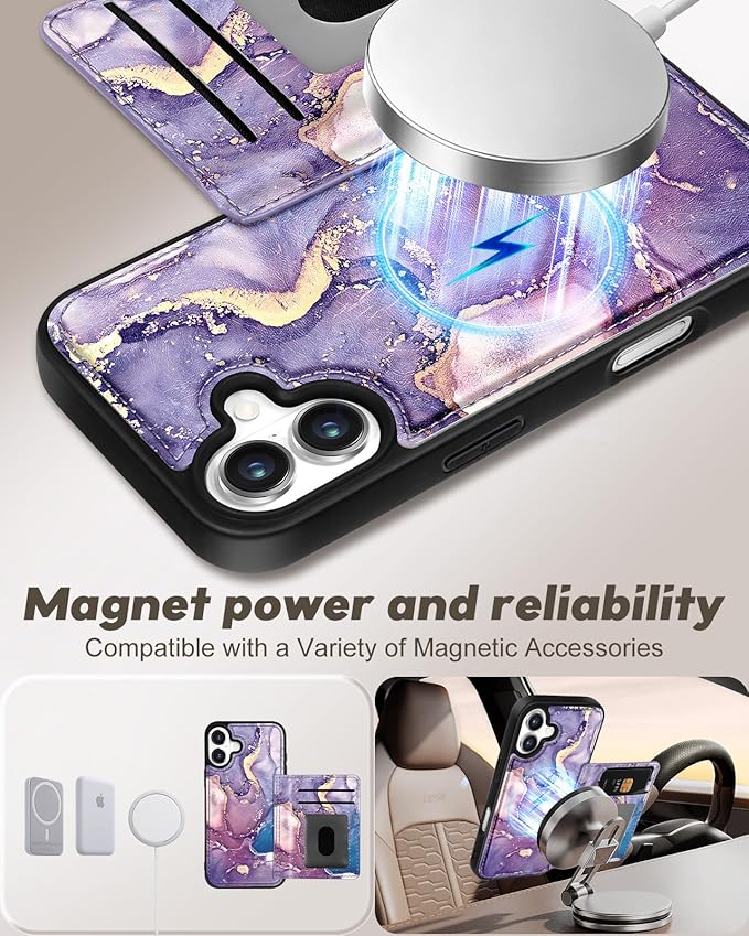 for iPhone 16 Wallet Case - Fits 4 Card Slots, Compatible with MagSafe for Women Aesthetic Durable PU Leather Credit Card Holder Kickstand Phone Cover for Apple 16, Purple Marble