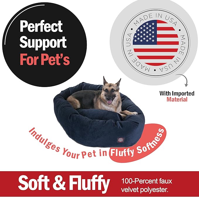 Majestic Pet 52 Inch Micro Velvet Calming Dog Bed Washable – Cozy Soft Round Dog Bed with Spine for Head Support - Fluffy Donut Puppy Mat 52x35x11 (inch) X- Large – Navy (2025)