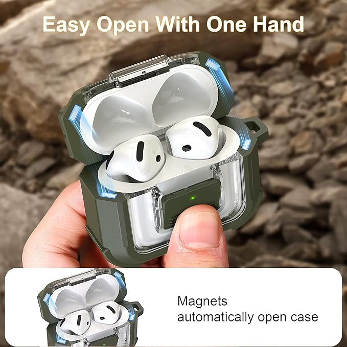 RFUNGUANGO for AirPods 4 Case, Compatible with AirPods 4th Generation Case (2024), Compatible with MagSafe, Magnetic Automatic Lock with Cleaner Kit and Keychain, Front LED Visible, Green