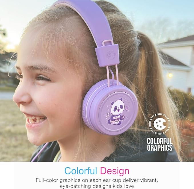 MEE audio KidJamz KJ55 Wired Children’s Headphones with 3.5mm Plug, Colorful Graphics, Volume Limiter & Microphone, Adjustable On-Ear Kids Headset for Online Learning/School/Travel/Tablet (Lavender)